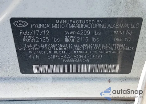 2012 Hyundai Sonata Gls из США, поврежденный, VIN 5NPEB4AC8CH475659